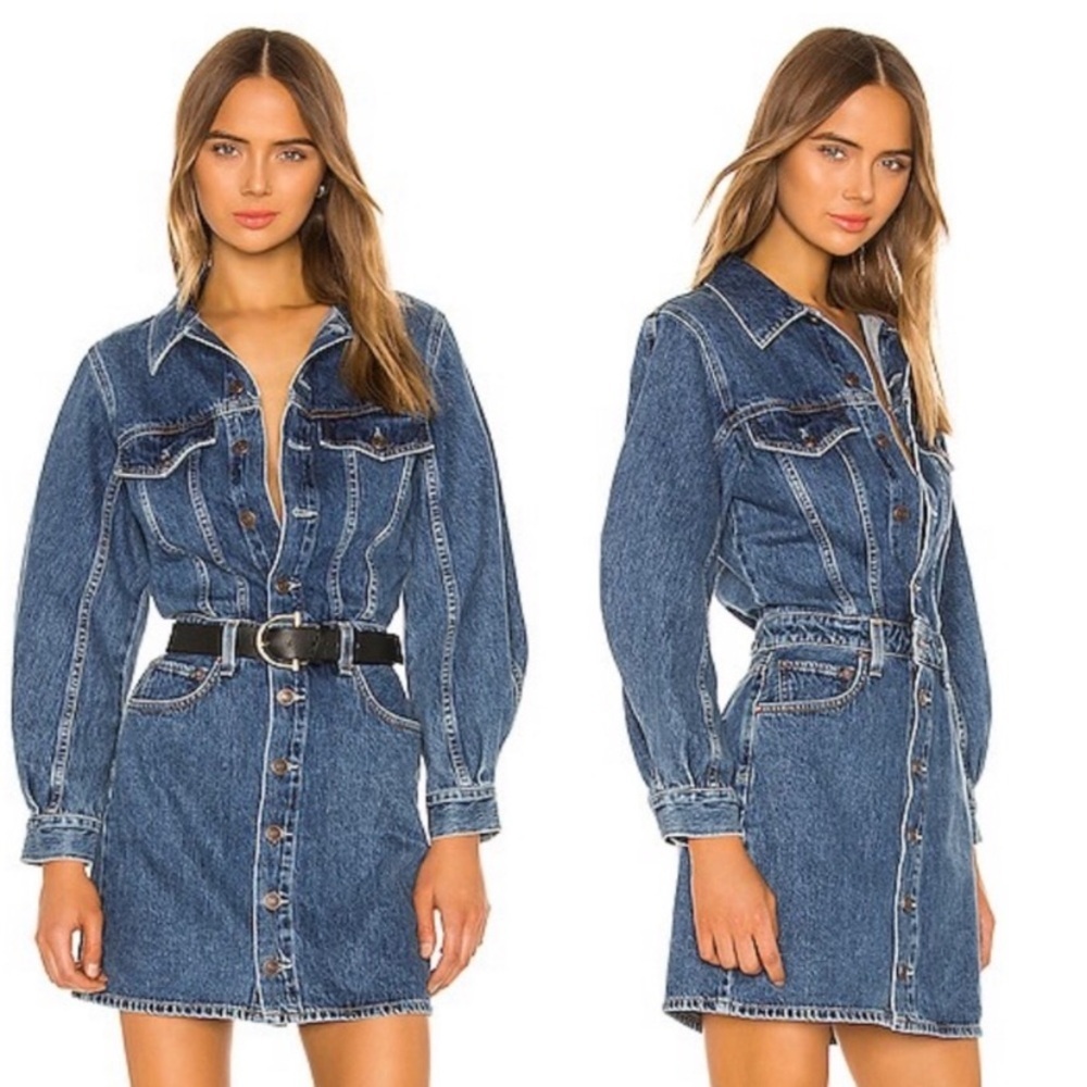 NWT AGOLDE x ANTHROPOLOGIE Denim Mini Dress Balloon Sleeves Size 12